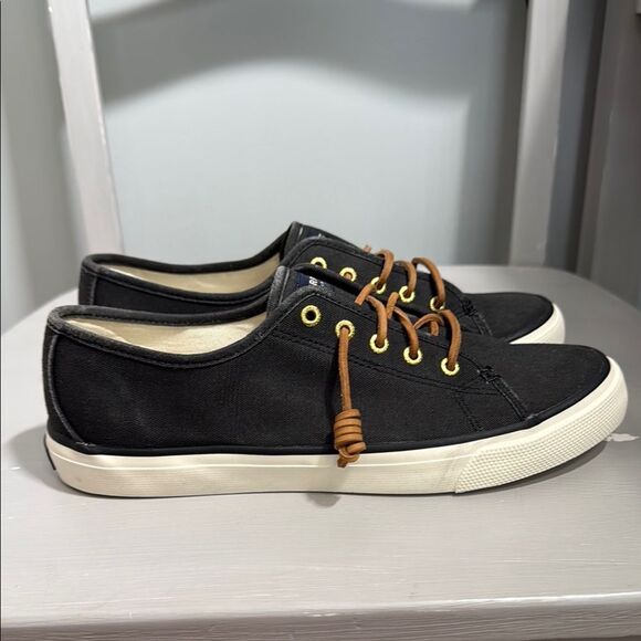 Sperry Women's Black Canvas and Leather shoe string Boat Sneakers - Picture 6 of 10